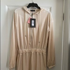 PLT Cream Velour Seam Detail Hooded Romper